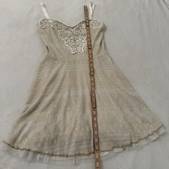 Free People Size Medium Beaded Embroidered Lace Mini Dress Dainty Lace Beige - Picture 9 of 13